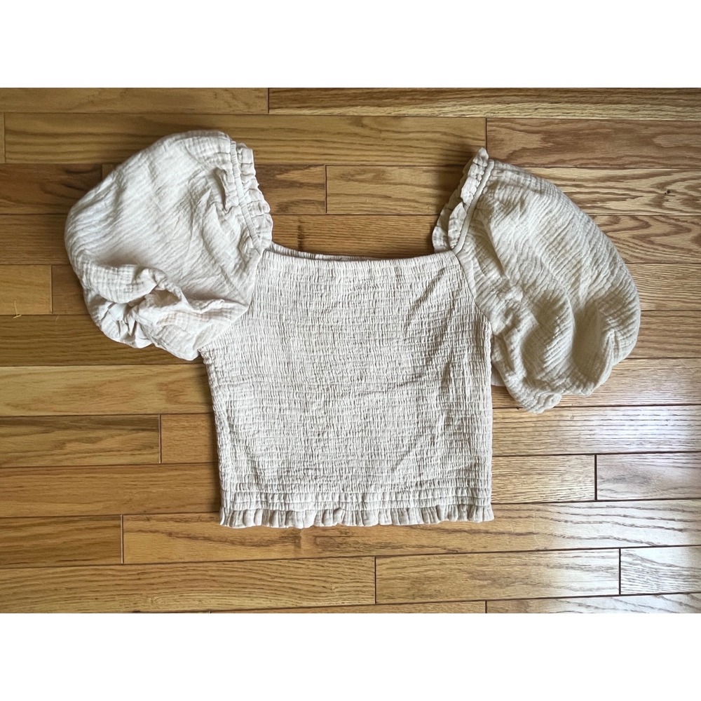 Lush Cream Smocked Puff Sleeve Crop Top S MilkmaidRegencycore Boho Peasant